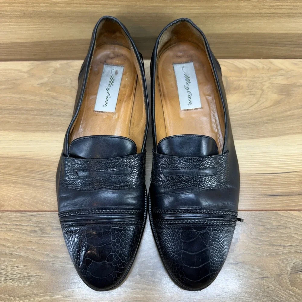 MEZLAN FLAWED Ostrich Leg Penny Loafers Mens 9 M Black Leather Dress Slip On